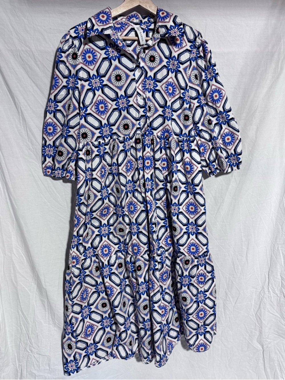 Grace + Karma Blue white Geometric Cotton long sleeve dress Size Large
